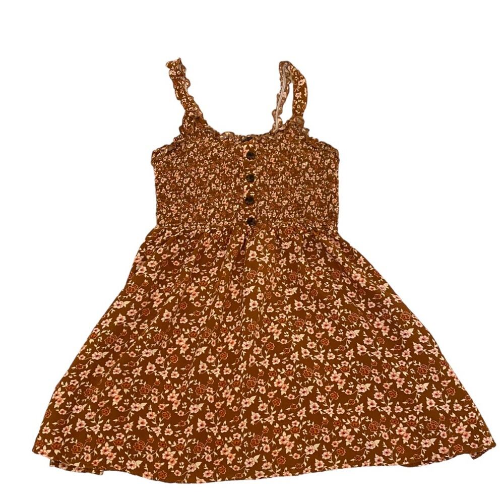 Juniors Size Large Brown Floral Sleeveless Print Summer Dress 100% Rayon